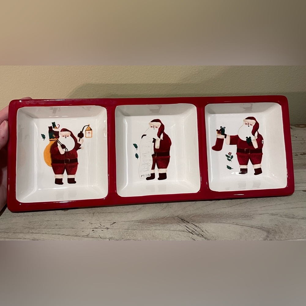 Christmas Platter Holiday Ceramic Triple Tray for Dip, Appetizers, Candy & More